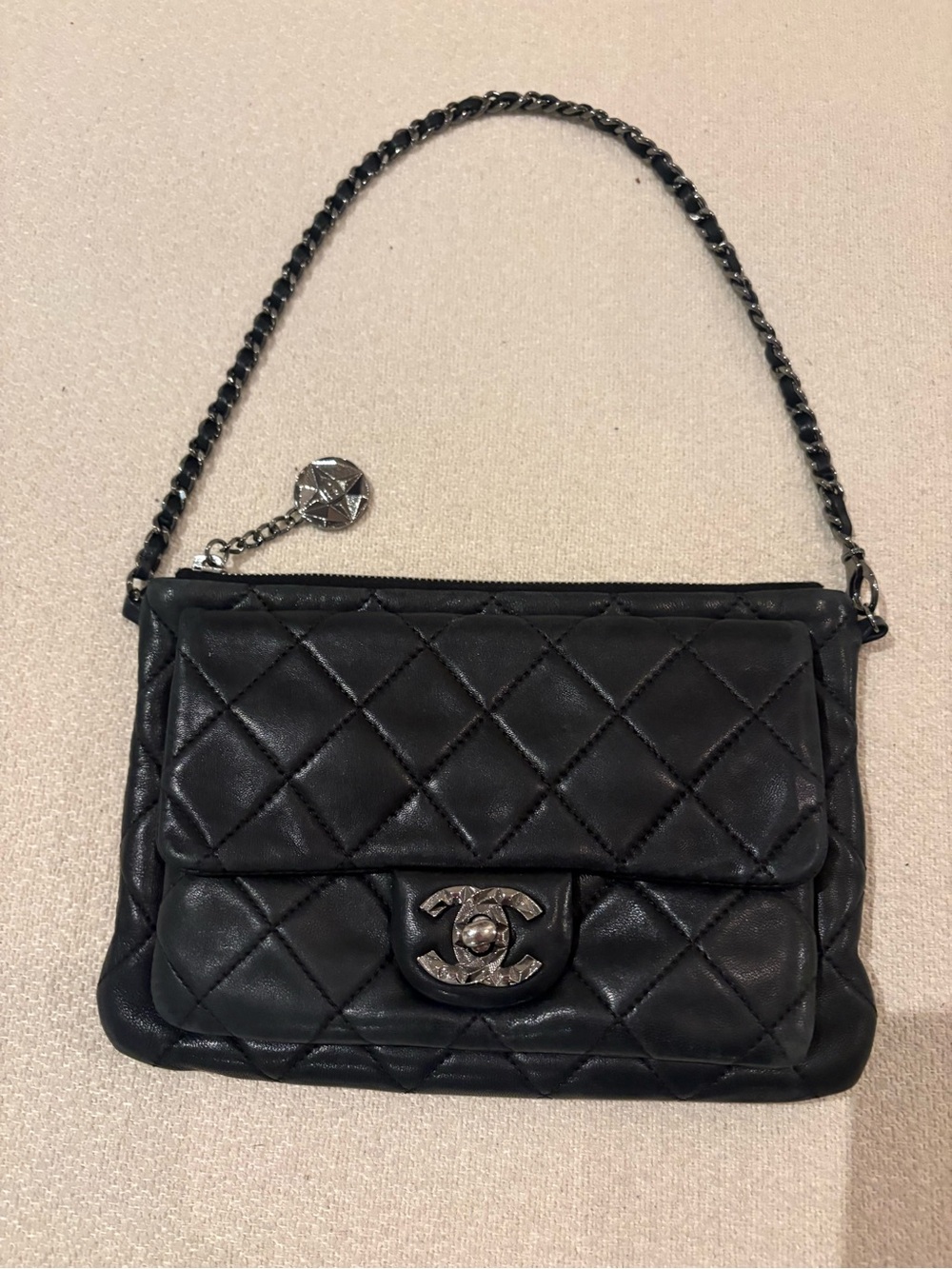 CHANEL Black Quilted Lambskin Crossbody Wallet with Silver CC Hardware